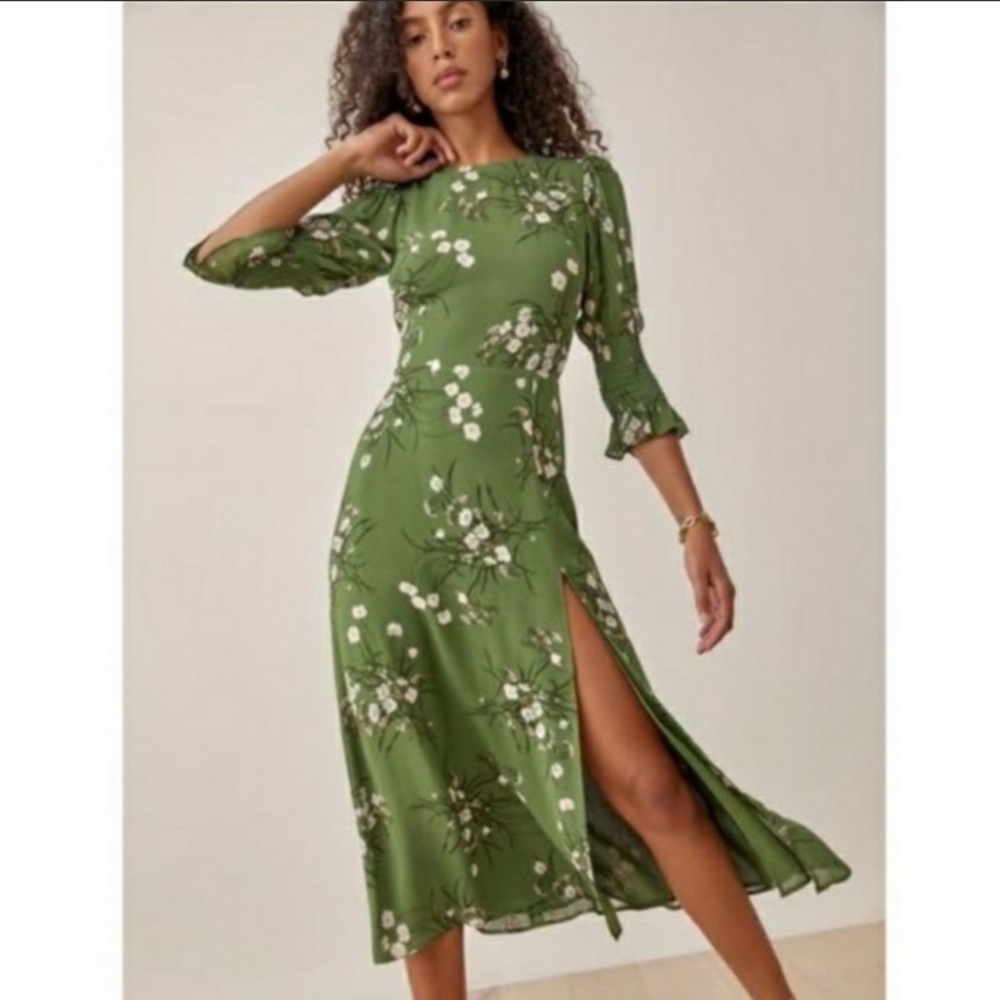 Reformation Carolena Dress Lomita Green Floral Midi Slit Sz 8